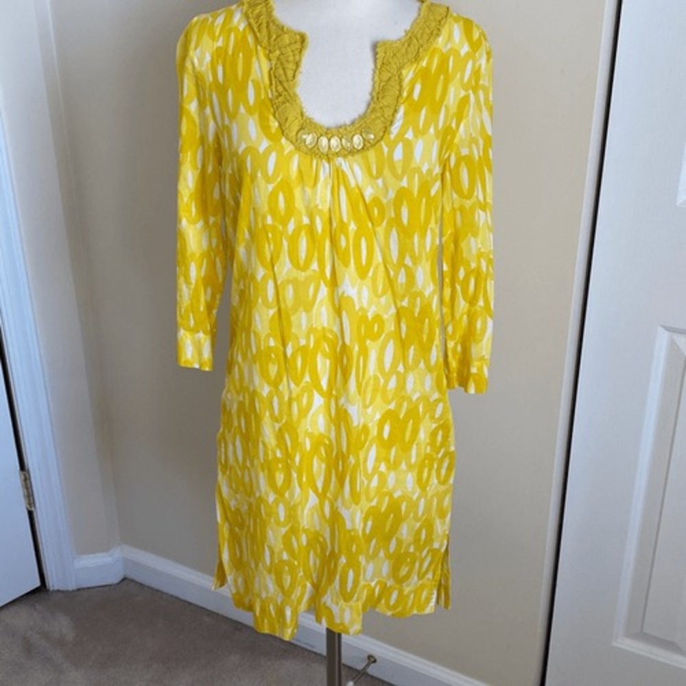 Boden Shift Dress Womens Size 4 Yellow White Geometric Link Embellished Cotton